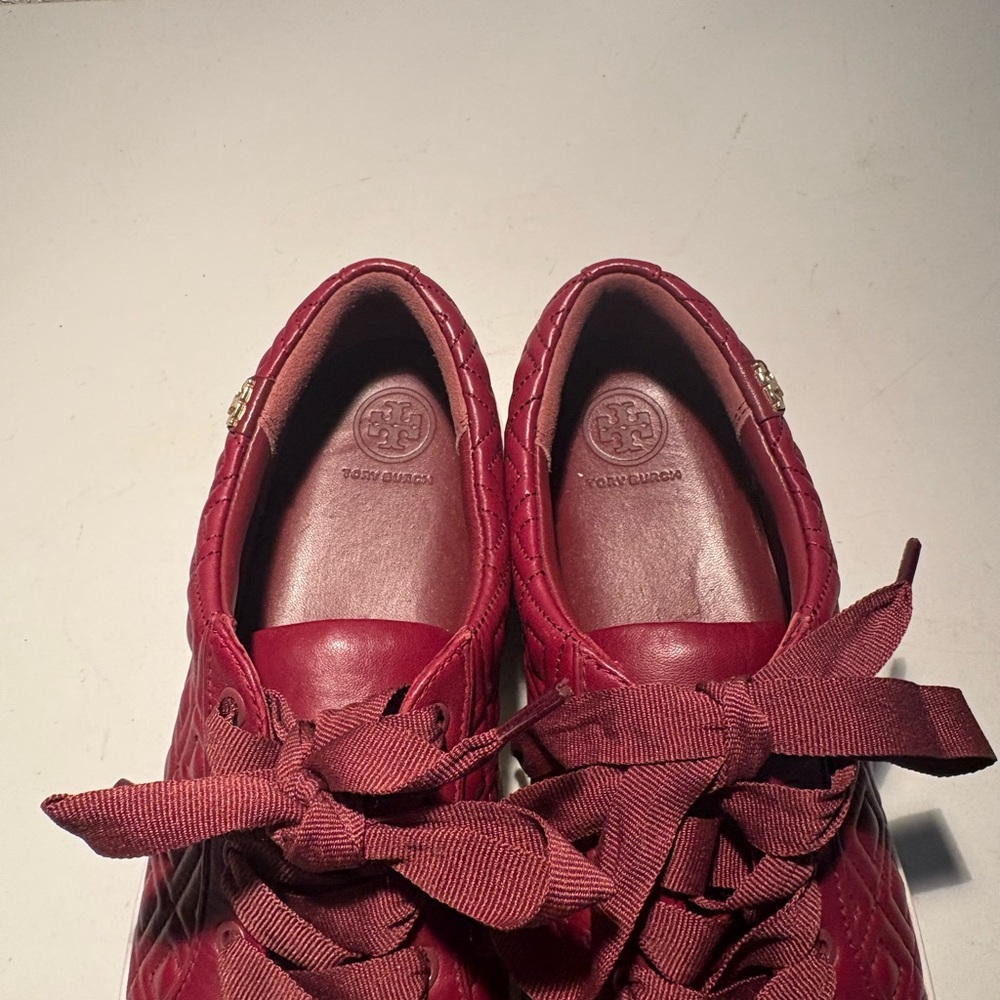 Tory Burch Maroon Red Sneakers with Quilted Geometric Design - Picture 6 of 8